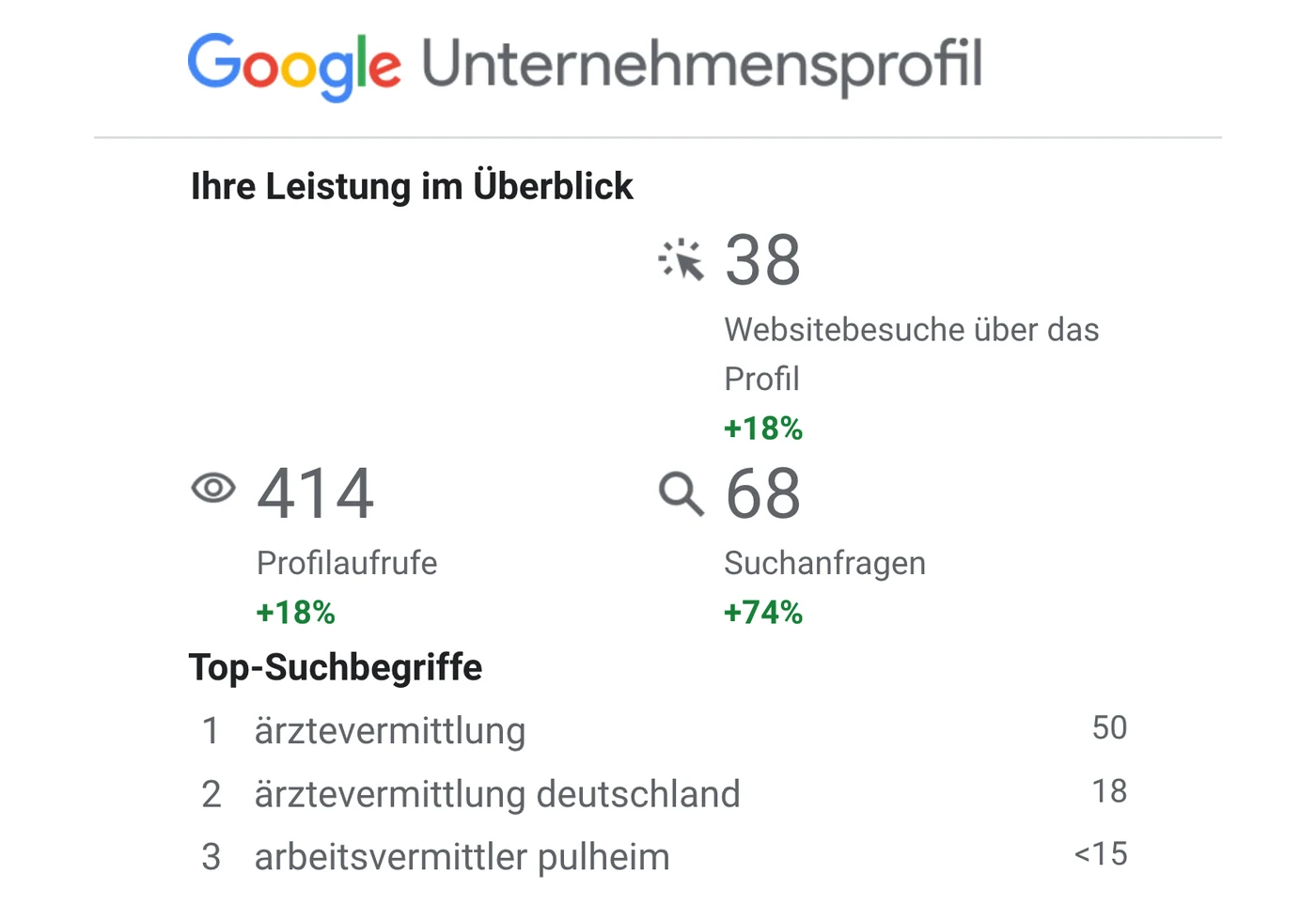 Googles Leistungsbericht für ein Unternehmensprofil im Januar 2026 mit 414 Profilaufrufen, 38 Websitebesuchen, 68 Suchanfragen und den drei häufigsten Suchbegriffen