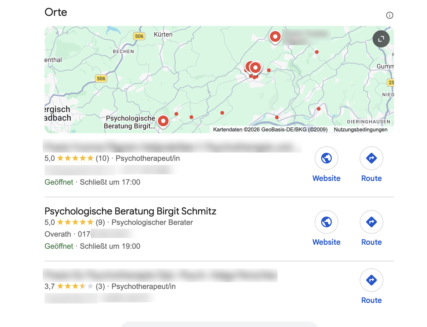 Google Kartenkasten für die Ortssuche nach psychologischer Beratung in Lindlar, drei Profile mit Kategorie und Bewertungen