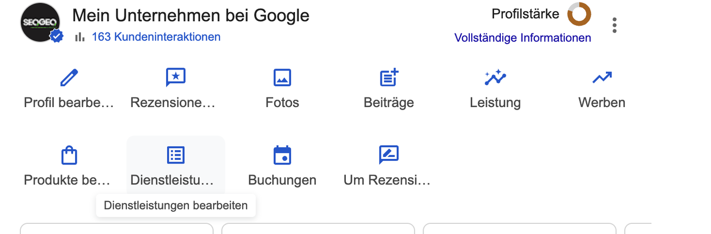 Verwaltungsleiste Mein Unternehmen bei Google mit den Schaltflaechen Profil bearbeiten, Rezensionen, Fotos, Beitraege, Leistung, Werben, Produkte und Dienstleistungen bearbeiten