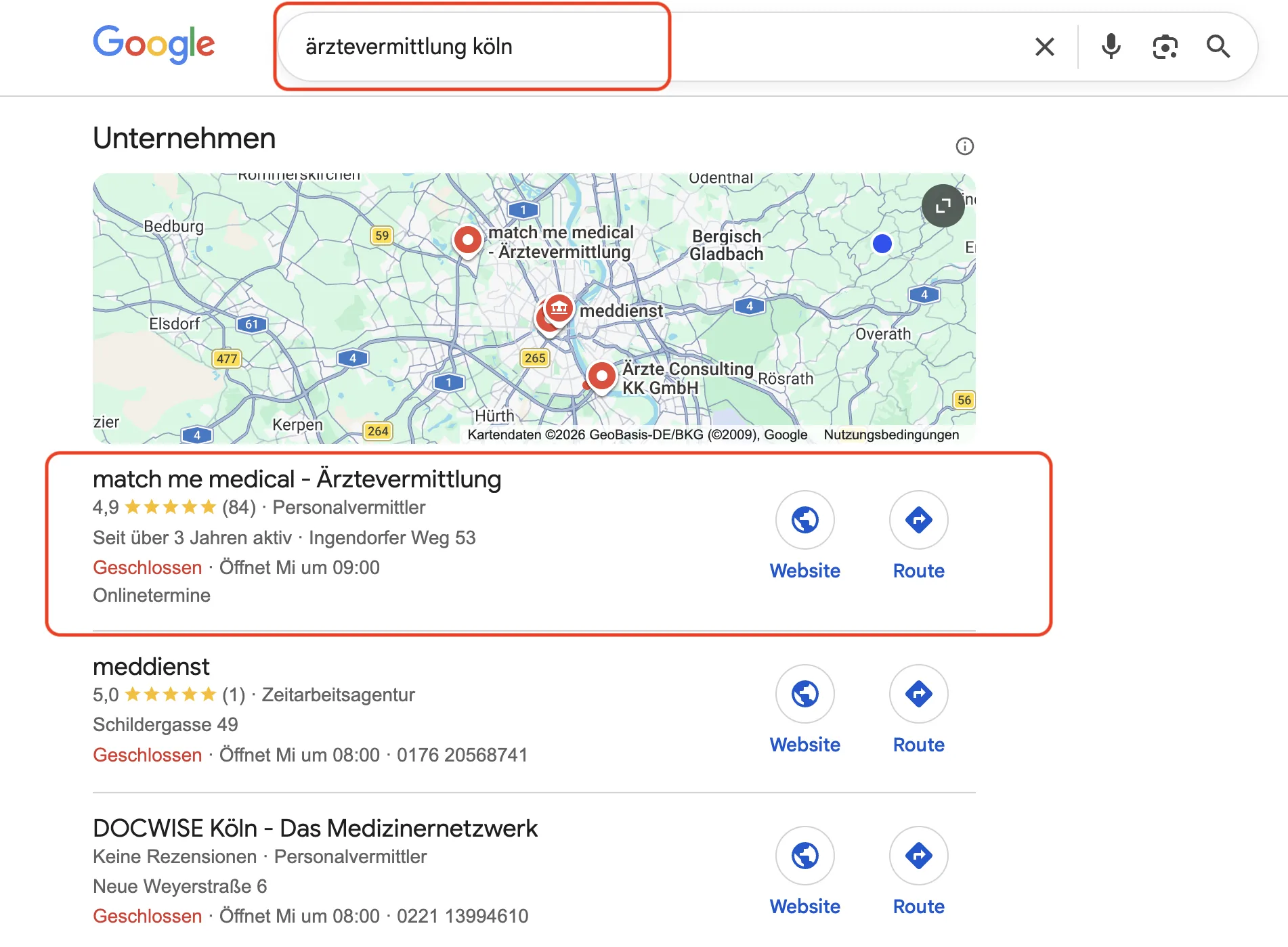 Google Kartenkasten: match me medical auf Platz 1 für ärztevermittlung köln mit 4,9 Sternen bei 84 Bewertungen