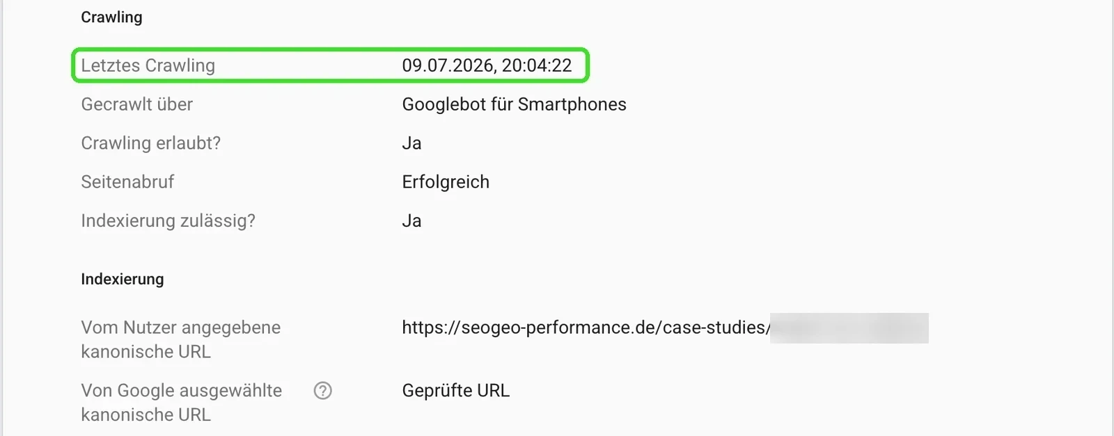 Abschnitt Crawling in der URL-Prüfung der Google Search Console mit dem Feld Letztes Crawling: 09.07.2026