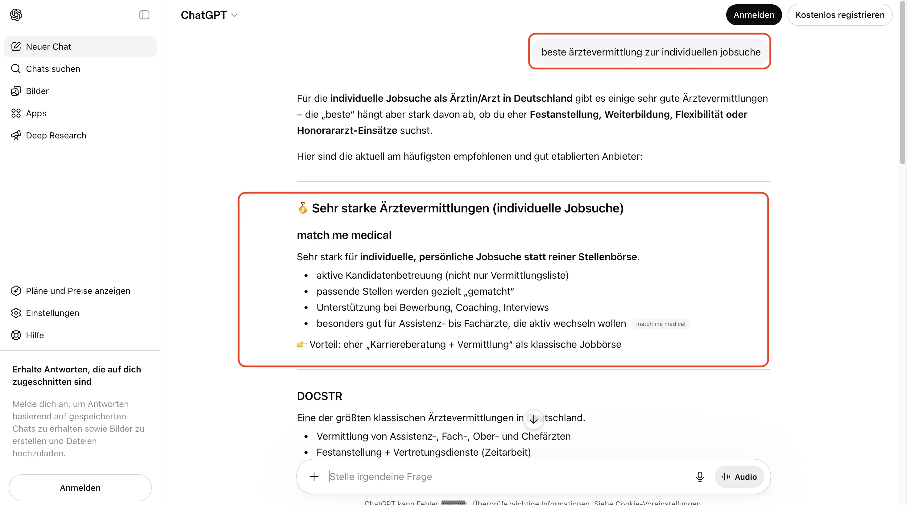 ChatGPT empfiehlt Match Me Medical namentlich