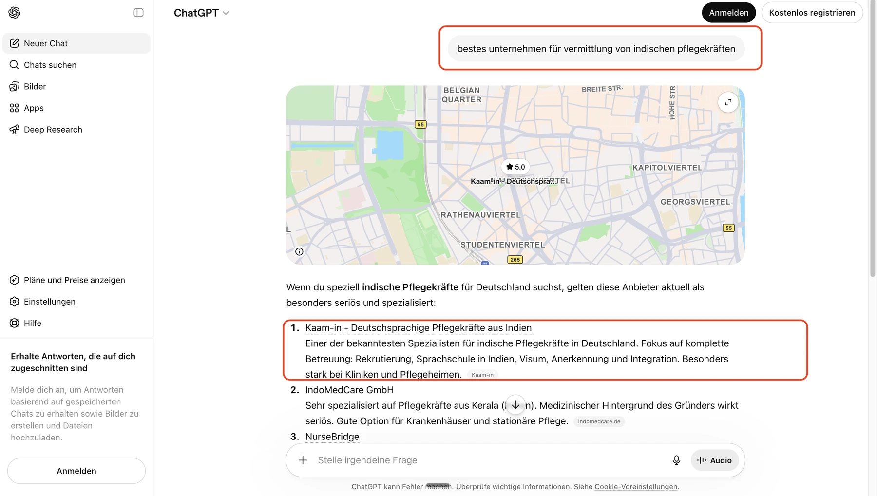 ChatGPT empfiehlt Kaam-in als erste Wahl für die Vermittlung indischer Pflegekräfte