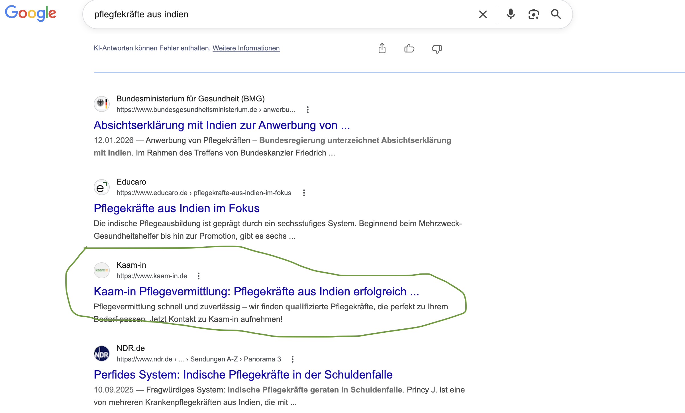 Google Suche für Pflegekräfte aus Indien: Kaam-in auf Position 3 hinter dem Bundesministerium für Gesundheit
