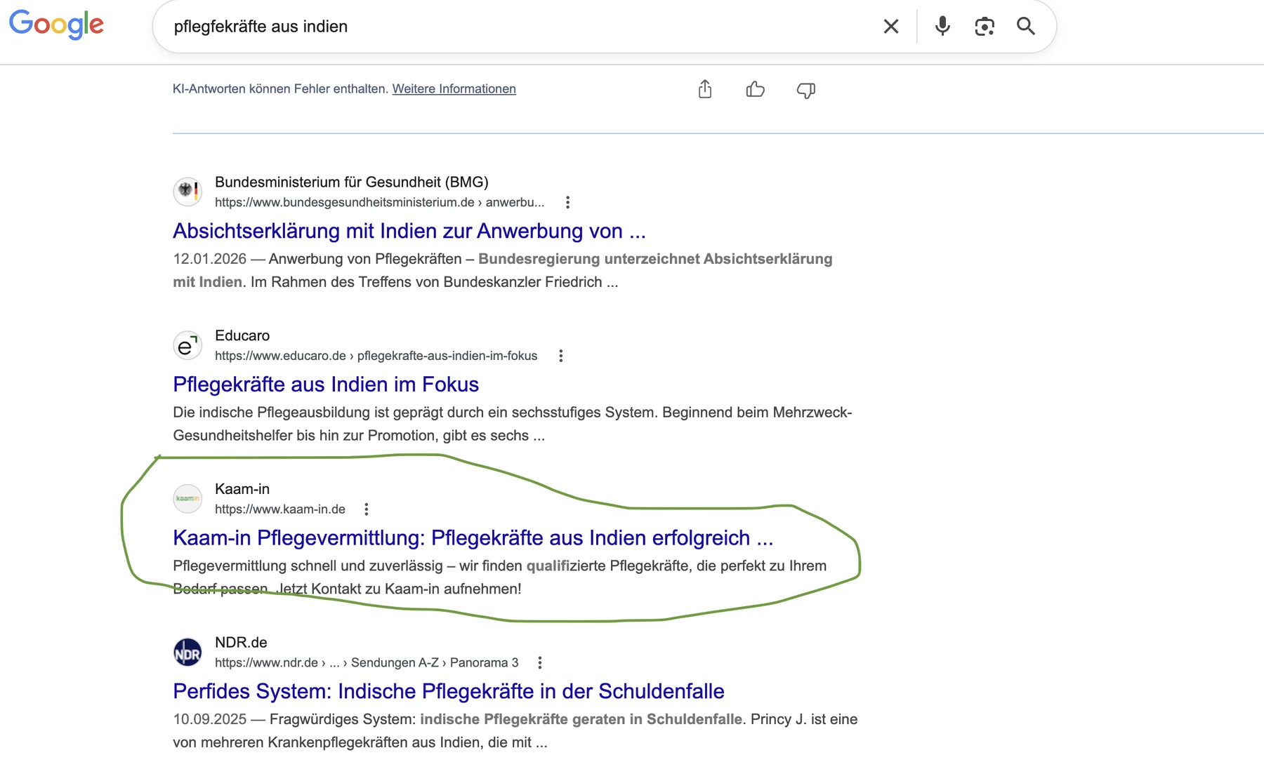 Google Suche für Pflegekräfte aus Indien: Kaam-in in den Top 3 hinter dem Bundesministerium für Gesundheit