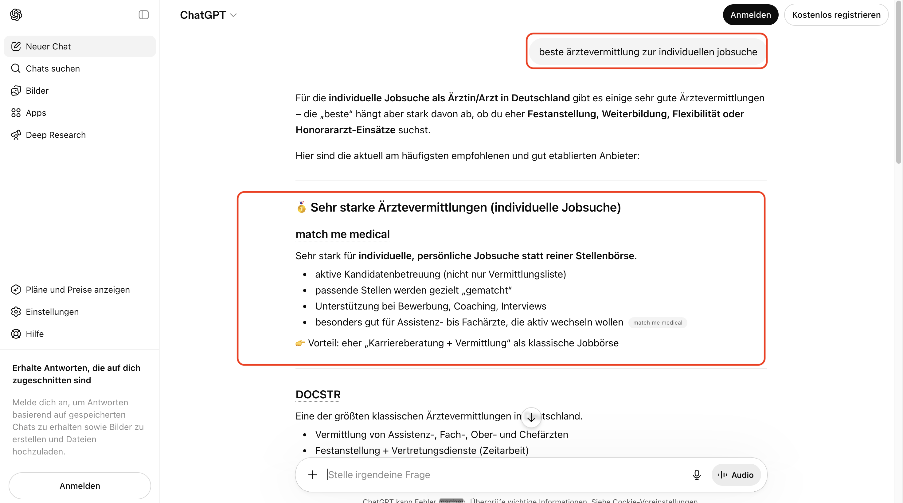 ChatGPT empfiehlt Match Me Medical als erste Adresse für individuelle Arzt-Jobsuche