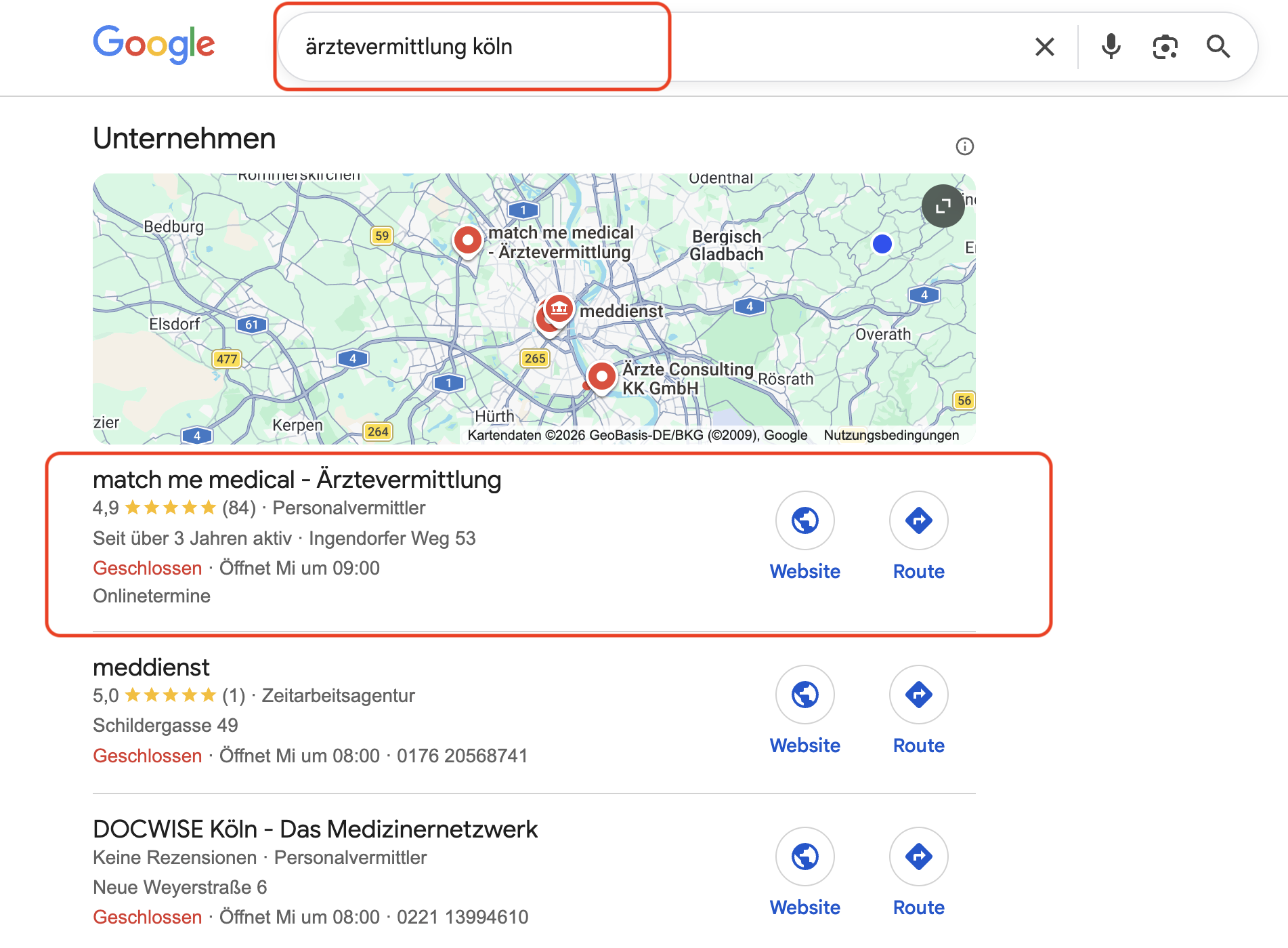 Google Maps Suchergebnis für Ärztevermittlung Köln: Match Me Medical auf Position 1