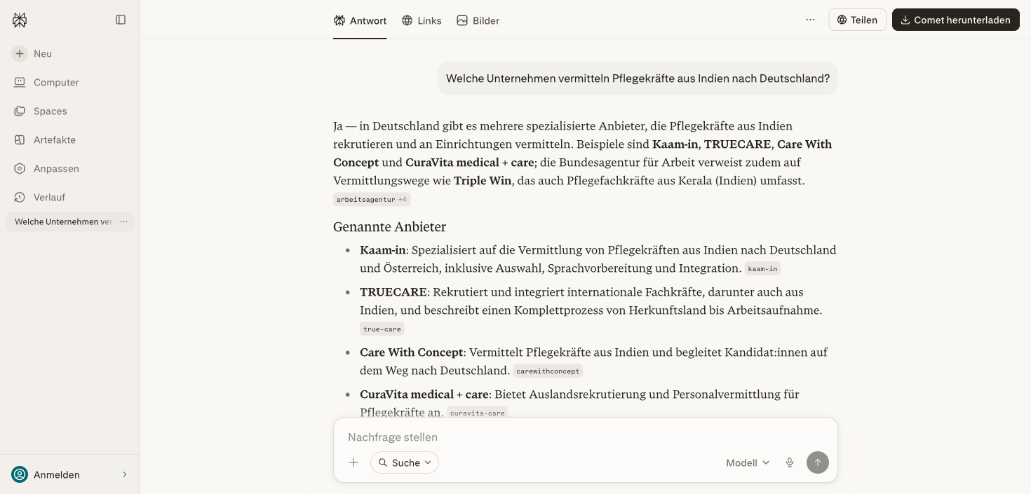 Perplexity-Antwort vom 04.06.2026: Kaam-in als erster von vier genannten Anbietern für die Vermittlung von Pflegekräften aus Indien, Nennung an vier Messpunkten im Juli 2026 zu vergleichbaren Fragen bestätigt, am 28.07. nur in der API-Messung