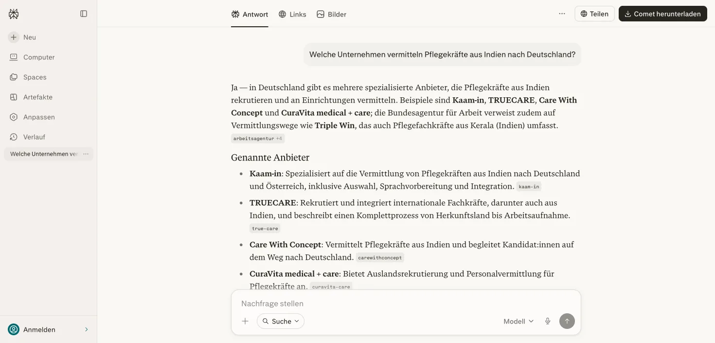 Perplexity-Antwort vom 04.06.2026: Kaam-in als erster von vier genannten Anbietern für die Vermittlung von Pflegekräften aus Indien, Nennung an vier Messpunkten im Juli 2026 zu vergleichbaren Fragen bestätigt, am 28.07. nur in der API-Messung