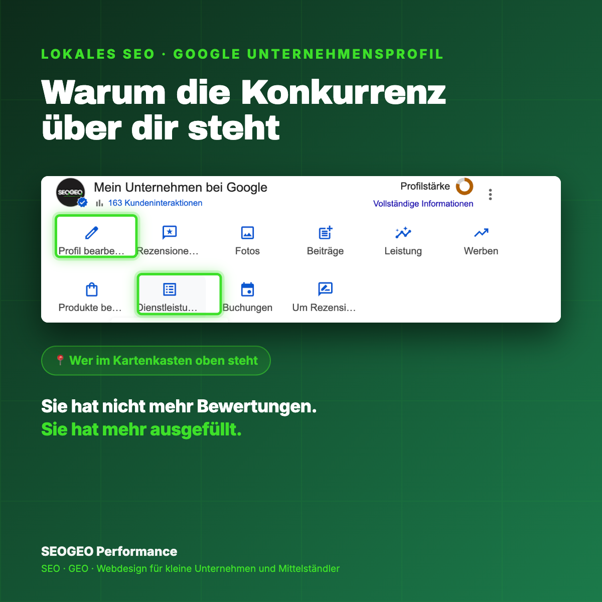 Google-Unternehmensprofil in der Verwaltungsansicht „Mein Unternehmen bei Google“, die Schaltflächen Profil bearbeiten und Dienstleistungen sind grün hervorgehoben