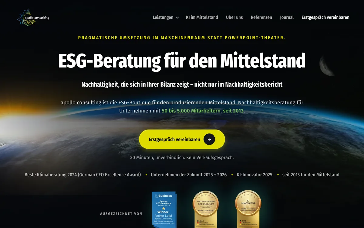 Website-Screenshot: apollo consulting, ESG-Beratung für den Mittelstand