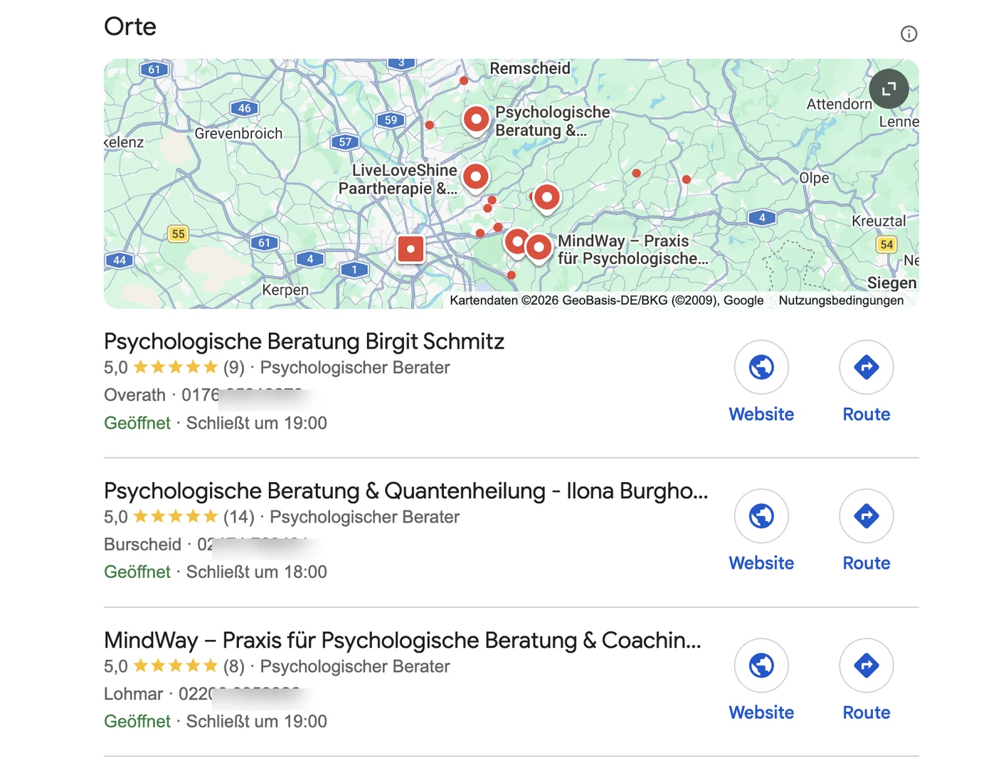 Google Local Pack für „psychologische beratung bergisches land“: Praxis Birgit Schmitz auf Platz 1